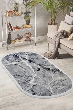 Halı Gri Cool Granit Yıkanabilir Saçaklı Oval Kesme Ince Yolluk Kilim Salon Halısı Modeli