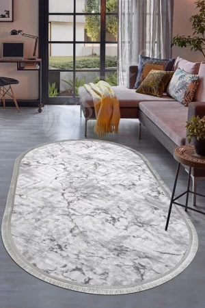 Halı Gri Cool Karo Yıkanabilir Saçaklı Oval Kesme Ince Yolluk Kilim Salon Halısı Modeli
