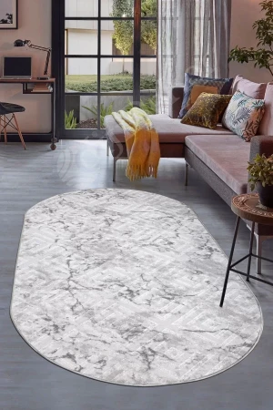 Halı Gri Cool Karo Yıkanabilir Saçaksız Oval Kesme Ince Yolluk Kilim Salon Halısı Modeli
