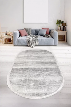 Halı Gri Cool Ky7056 Yıkanabilir Saçaklı Oval Kesme Ince Yolluk Kilim Salon Halısı Modeli