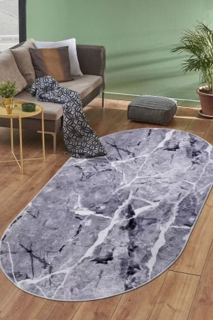 Halı Gri Granit Yıkanabilir Saçaksız Oval Kesme Ince Yolluk Kilim Salon Halısı Modelleri