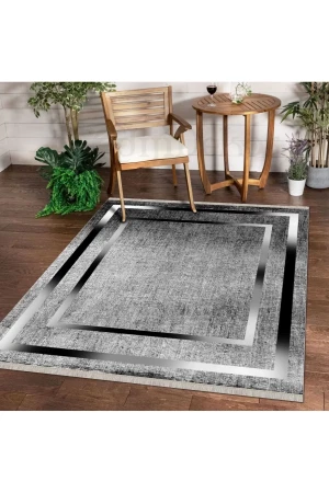 Halı Gri K0460 Yıkanabilir Saçaklı Ince Yolluk Kilim Salon Halısı Modelleri