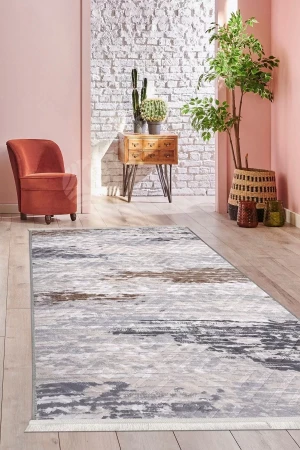 Halı Gri14 Cool Karo Yıkanabilir Saçaklı Kesme Ince Yolluk Kilim Salon Halısı Modelleri