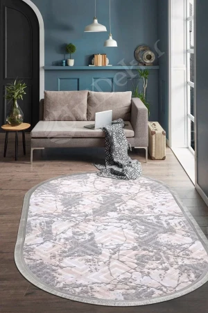 Halı Gri3 Cool Karo Yıkanabilir Saçaklı Oval Kesme Ince Yolluk Kilim Salon Halısı Modeli