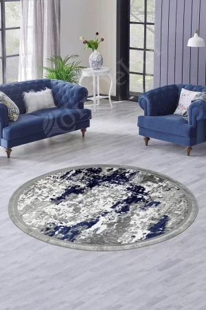 Halı Lacivert Cool Yıkanabilir Saçaklı Yuvarlak Delüxe Yolluk Kilim Salon Halısı Modeller