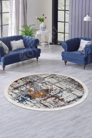 Halı Multi Cool Ky7005 Saçaklı Yuvarlak Kesme Ince Yolluk Kilim Salon Halısı Modelleri