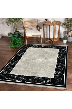 Halı Siyah Cool K0560 Yıkanabilir Saçaklı Kesme Ince Yolluk Kilim Salon Halısı Modelleri