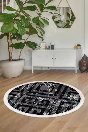 Halı Siyah Cool K1320 Saçaklı Yuvarlak Kesme Ince Yolluk Kilim Salon Halısı Modelleri