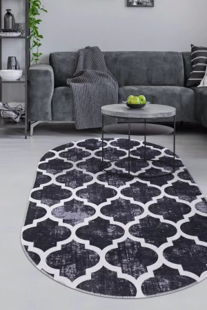 Halı Siyah Maça Yıkanabilir Saçaksız Oval Kesme Ince Yolluk Kilim Salon Halısı Modelleri