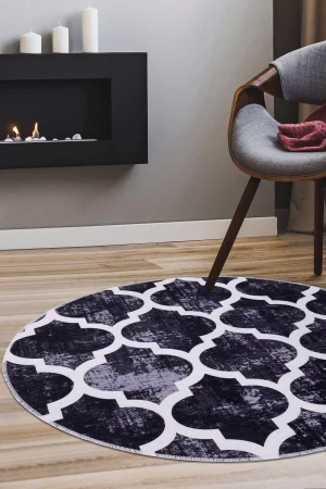 Halı Siyah Maça Yıkanabilir Saçaksız Yuvarlak Kesme Ince Yolluk Kilim Salon Halısı Modeli