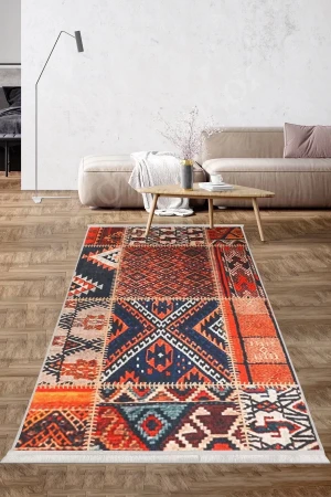 Halı Turuncu Cool K1300 Yıkanabilir Saçaklı Kesme Ince Yolluk Kilim Salon Halısı Modeli