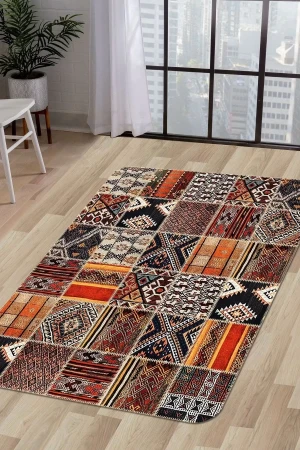 Halı Turuncu Cool K1300 Yıkanabilir Saçaksız Kesme Ince Yolluk Kilim Salon Halısı Modeli