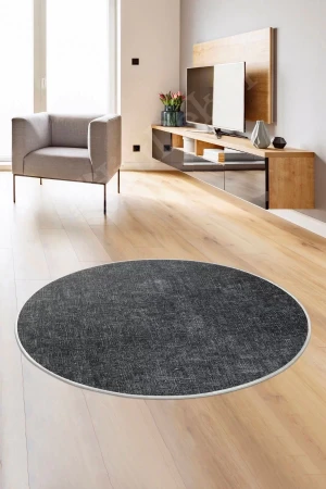 K1290 Antrasit Saçaksız Dijital Yuvarlak Halı Kaymaz Yıkanabilir Mutfak Salon Halısı