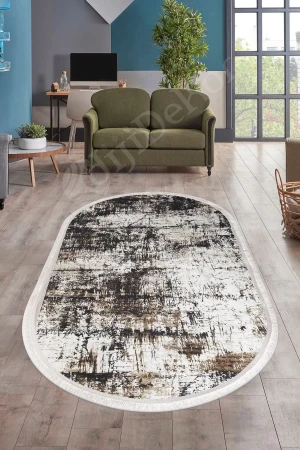 K1310 Black Saçaklı Dijital Oval Halı Kaymaz Yıkanabilir Oda Mutfak Antre Salon Halısı