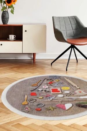 Kahve Mutfak Halısı Saçaklı Dijital Yuvarlak Halı Kaymaz Yıkanabilir 100x100