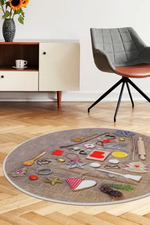 Kahve Mutfak Halısı Saçaksız Dijital Yuvarlak Halı Kaymaz Yıkanabilir 100x100
