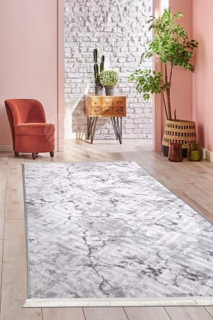 Karo Gri Saçaklı Yıkanabilir Kaymaz Salon Halısı Antre Mutfak Halısı