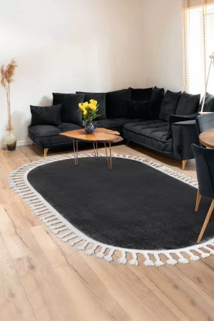 Koyu Gri Oval Post Dokuma Halı Saçaklı Peluş Yumuşacık Kaymaz Antibakteriyel
