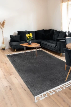 Koyu Gri Post Dokuma Halı Saçaklı Peluş Yumuşacık Kaymaz Antibakteriyel