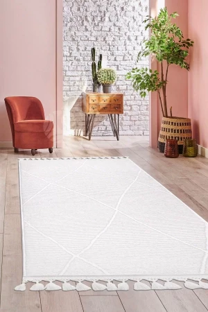 Pamuklu Beyaz Bohem Saçaklı Koridor Oturma Odası Ve Salon Halısı
