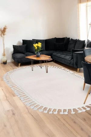 Peluş Halı Açık Vizon Cool Saçaklı Oval Kesme Post Yolluk Kilim Salon Halısı Modelleri