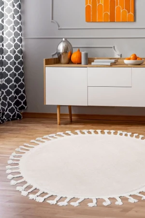 Peluş Halı Açık Vizon Cool Saçaklı Yuvarlak Kesme Post Yolluk Kilim Salon Halısı Modeli