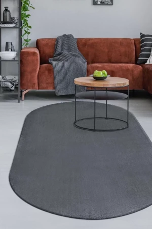 Peluş Halı Koyu Gri Cool Yıkanabilir Oval Kesme Post Yolluk Kilim Salon Halısı Modelleri