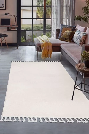 Peluş Halı Krem Cool Düz Desenli Saçaklı Kesme Post Yolluk Kilim Salon Halısı Modelleri