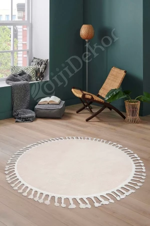 Peluş Halı Krem Cool Saçaklı Yuvarlak Kesme Post Yolluk Kilim Salon Halısı Modelleri