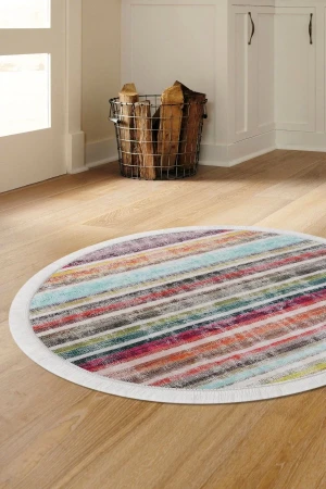 Pembe Multi Uygun Saçaklı Dijital Yuvarlak Halı Kaymaz Yıkanabilir