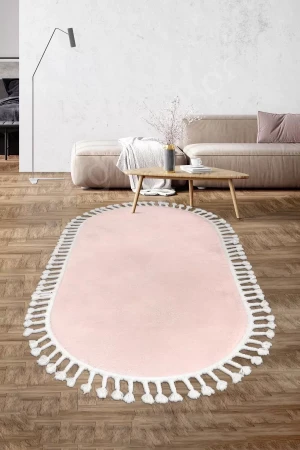 Pembe Oval Post Halı Saçaklı Peluş Yumuşacık Antibakteriyel Çocuk Mutfak Salon Halısı