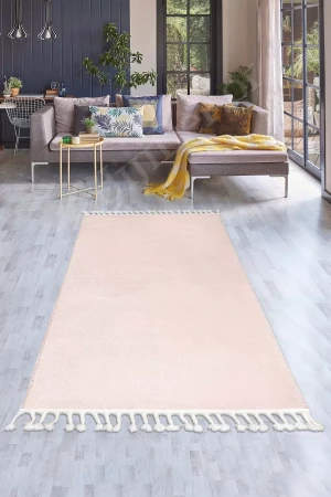 Pembe Post Dokuma Halı Saçaklı Peluş Yumuşacık Antibakteriyel Çocuk Mutfak Salon Halısı