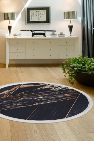 Siyah Gold Saçaklı Dijital Yuvarlak Halı Kaymaz Yıkanabilir 100x100