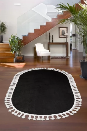 Siyah Oval Post Dokuma Halı Saçaklı Peluş Yumuşacık Kaymaz Antibakteriyel