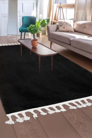 Siyah Post Dokuma Halı Saçaklı Peluş Yumuşacık Kaymaz Antibakteriyel