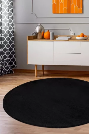 Siyah Yuvarlak Post Dokuma Halı Peluş Yumuşacık Kaymaz Antibakteriyel