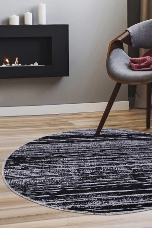 Ym4700 Gri Siyah Saçaksız Dijital Baskılı Yuvarlak Yıkanabilir Dekoratif Halı