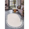 Peluş Halı Krem Cool Saçaklı Oval Post Kesme Yolluk Kilim Salon Halısı Modelleri
