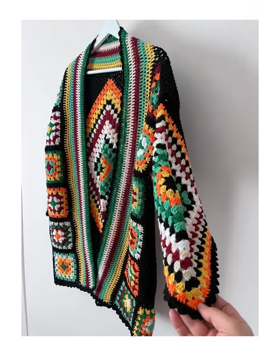 Kare Motifli Renkli Tarz Elörgü Hırka Ceket 36-42 Beden Uyumlu