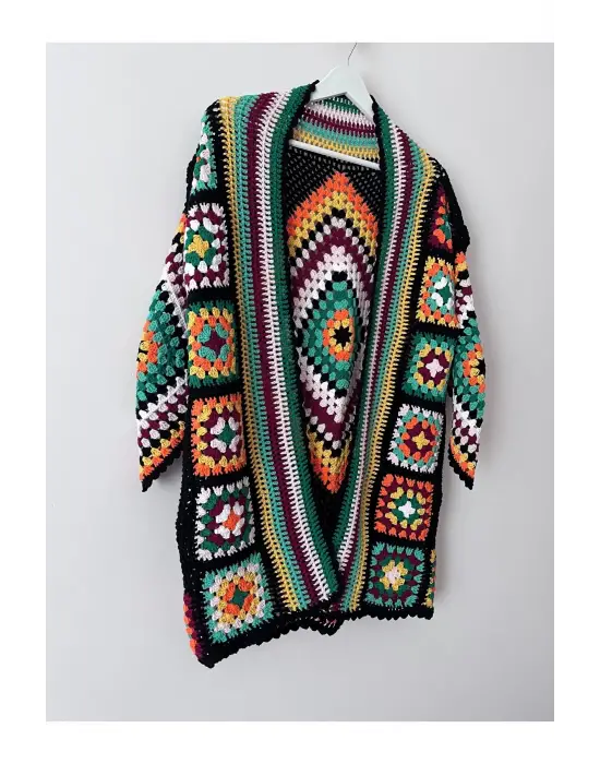 Kare Motifli Renkli Tarz Elörgü Hırka Ceket 36-42 Beden Uyumlu