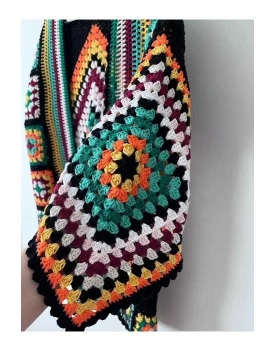 Kare Motifli Renkli Tarz Elörgü Hırka Ceket 36-42 Beden Uyumlu