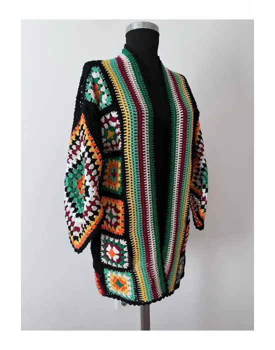 Kare Motifli Renkli Tarz Elörgü Hırka Ceket 36-42 Beden Uyumlu