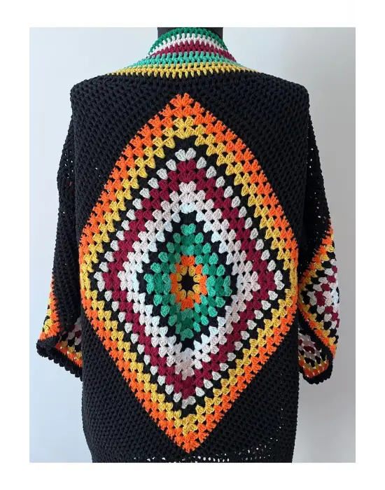 Kare Motifli Renkli Tarz Elörgü Hırka Ceket 36-42 Beden Uyumlu