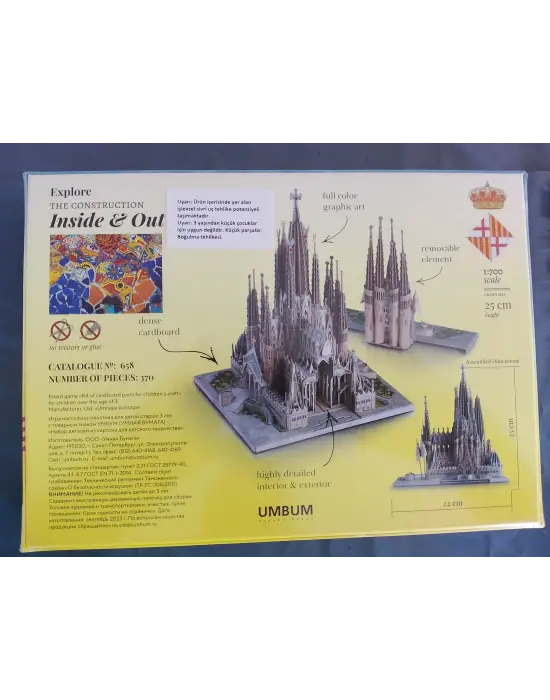3D Yapboz Sagrada Familia Gerçekçi Kartondan Model 1/700 Ölçek 370 Parça 22 cm x 25 cm
