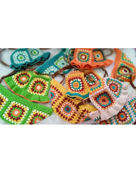 El Örgüsü Çanta ve Bere Takım ,Kare Motifli Çanta,Kadın Çanta,Omuz Çanta,El Yapımı Örme Çanta