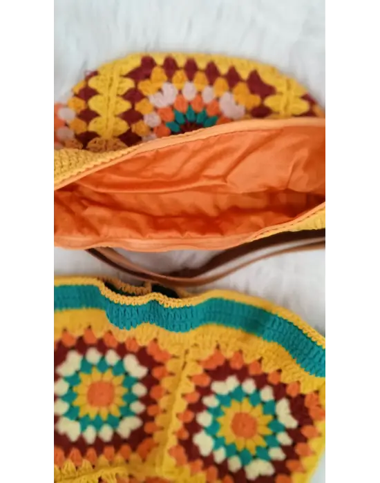 El Örgüsü Çanta ve Bere Takım ,Kare Motifli Çanta,Kadın Çanta,Omuz Çanta,El Yapımı Örme Çanta