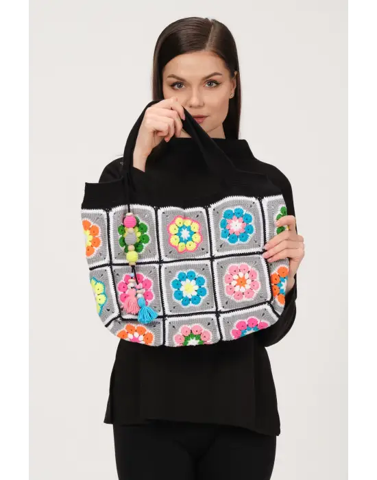 El Örgüsü Çanta,Kare Motifli Çanta,Kadın Çanta,Omuz Çanta,El Yapımı Örme Çanta