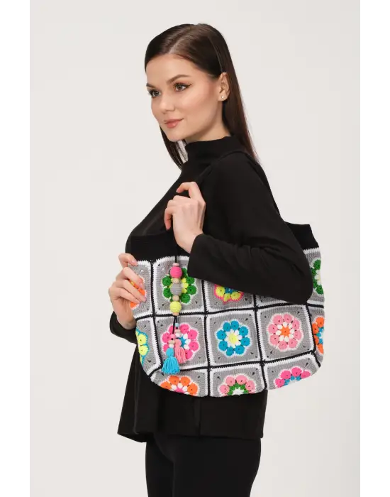 El Örgüsü Çanta,Kare Motifli Çanta,Kadın Çanta,Omuz Çanta,El Yapımı Örme Çanta