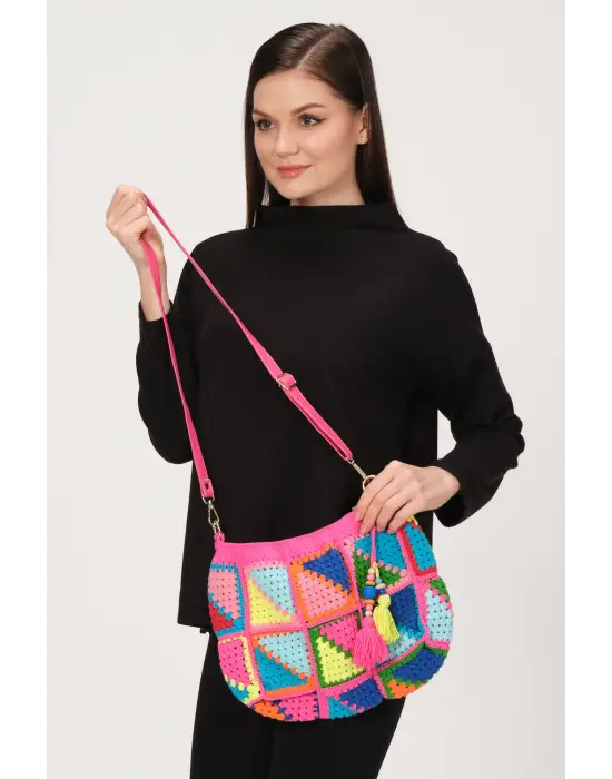 El Örgüsü Çanta,Kare Motifli Çanta,Kadın Çanta,Omuz Çanta,El Yapımı Örme Çanta
