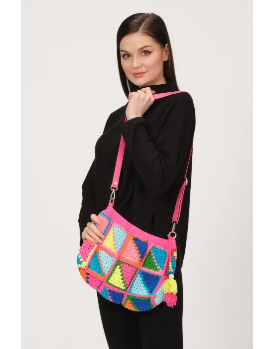 El Örgüsü Çanta,Kare Motifli Çanta,Kadın Çanta,Omuz Çanta,El Yapımı Örme Çanta